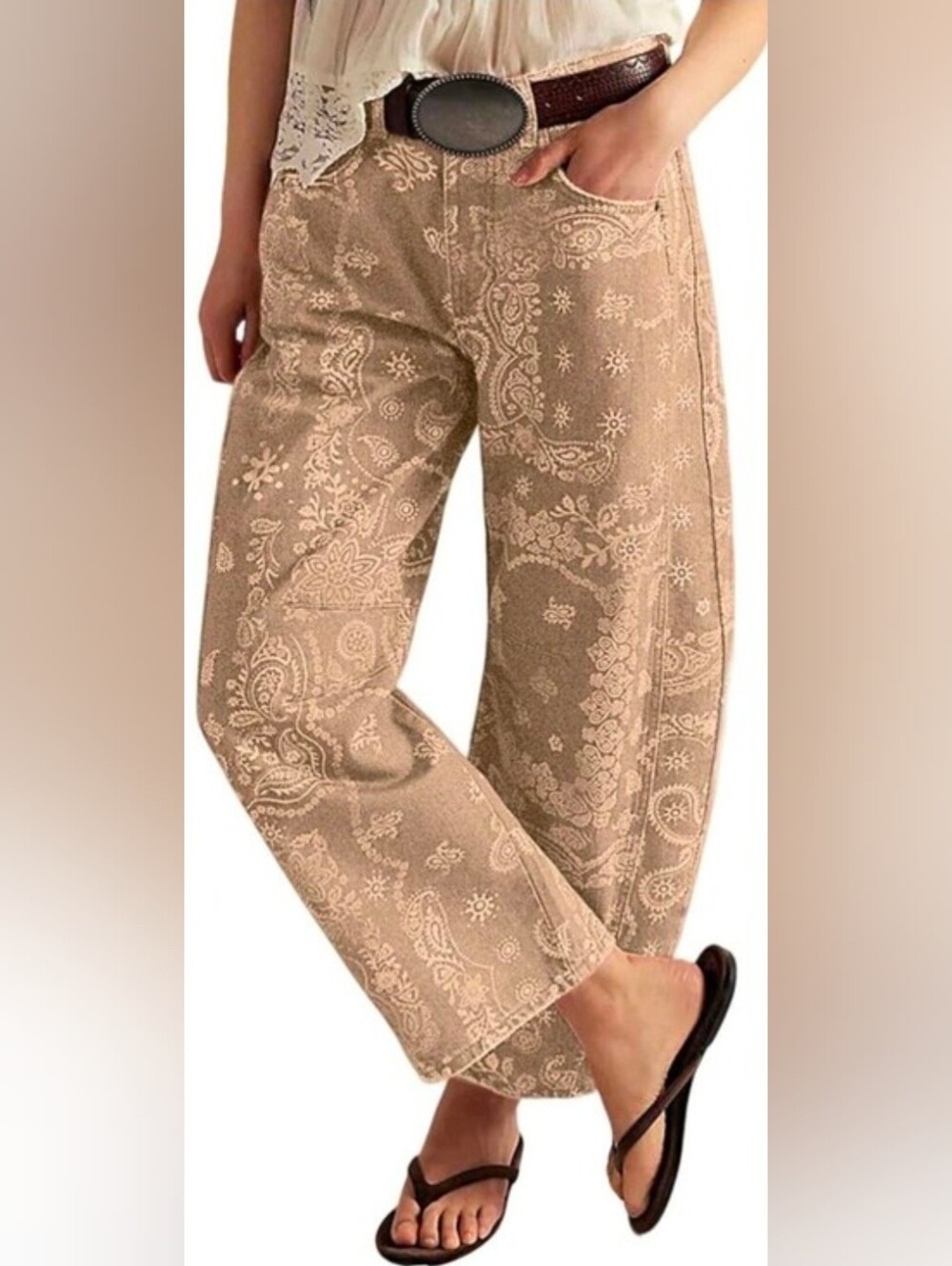 Loveimgs Women Boyfriend Baggy Barrel Khaki Paisley Jean Size Medium US 8-10 NWT